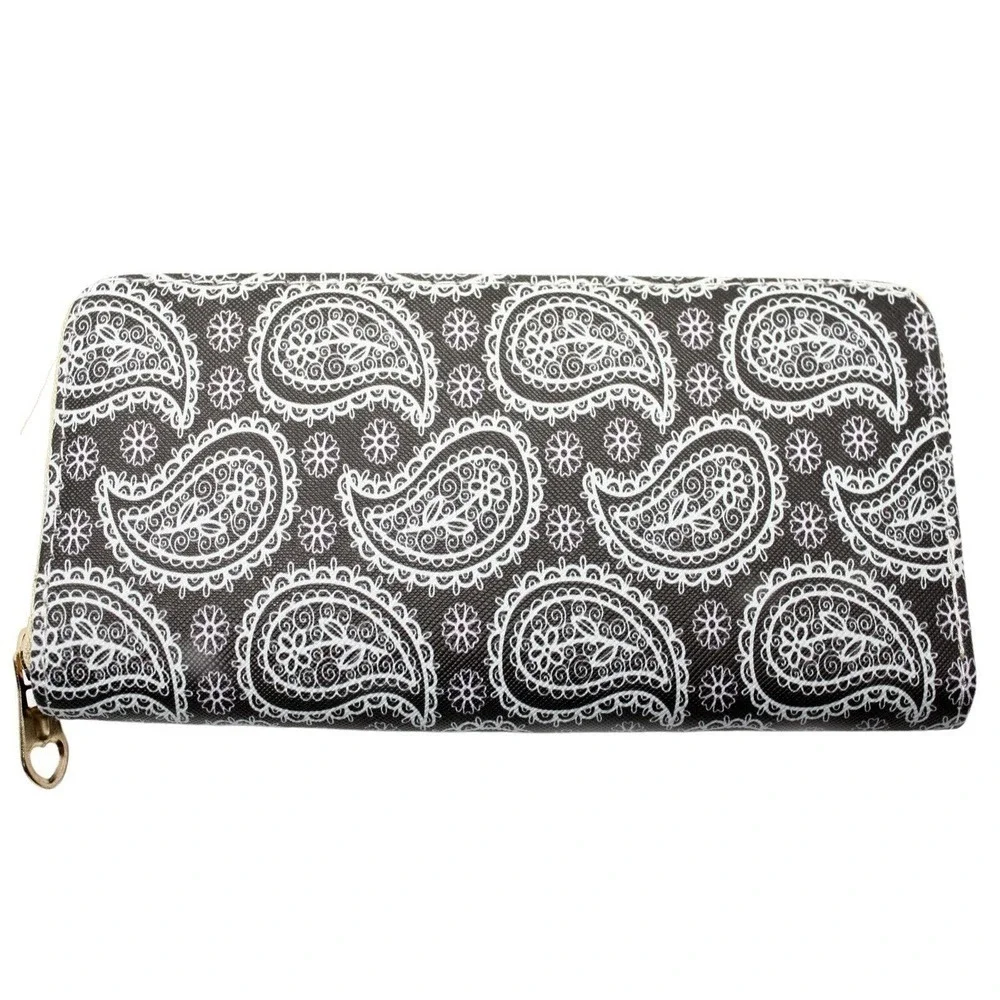 Black White Paisley Print Zip Wallet Clutch Easy to Hold & Carry 8 x4